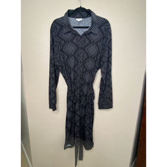LuLaRoe Womens Ellie Geometric Print Collared Shirt Dress Waist Tie XL Black NEW - Picture 2 of 7